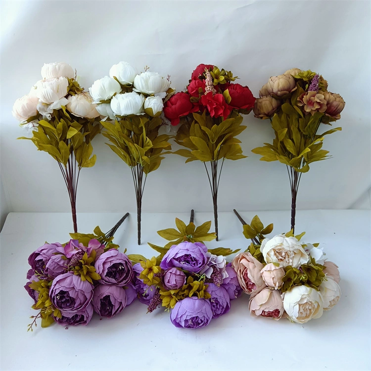 Artificial 13 Heads Silk Peony Flowers Bouquet for Home Wedding Decoration