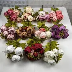 Künstlicher 13-köpfiger Seiden-Pfingstrosen-Blumenstrauß für die Hochzeitsdekoration zu Hause
